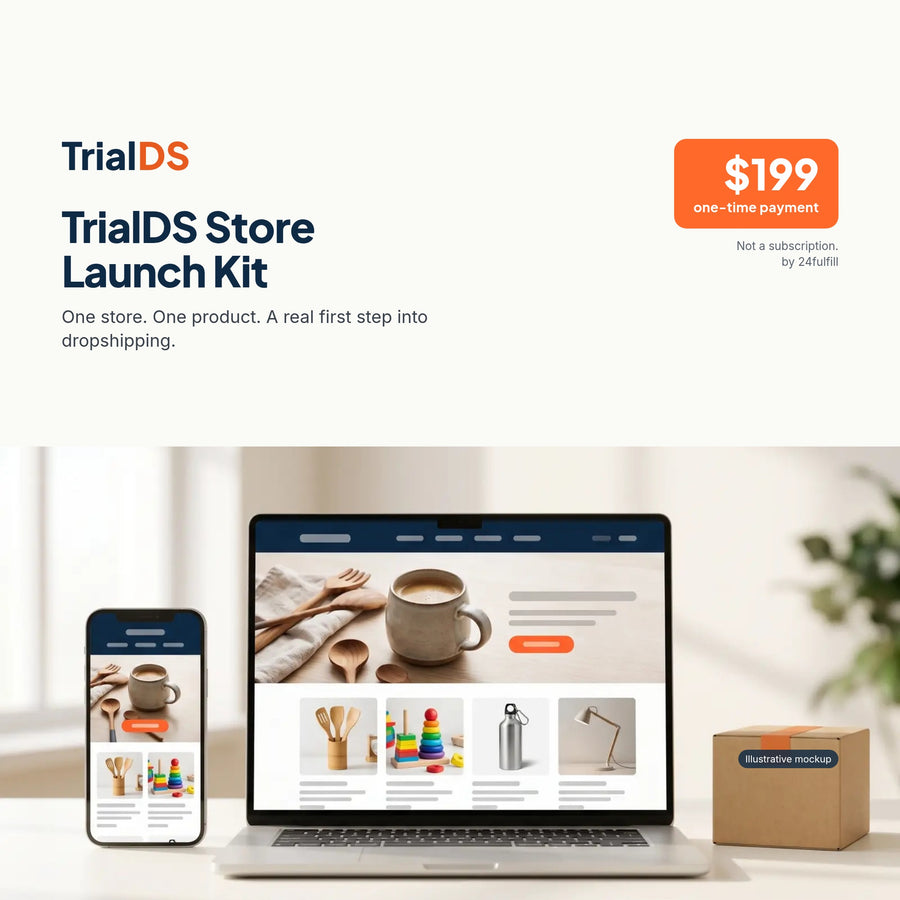 TrialDS Store Launch Kit: a Shopify store mockup on a laptop and phone, $199 one-time payment