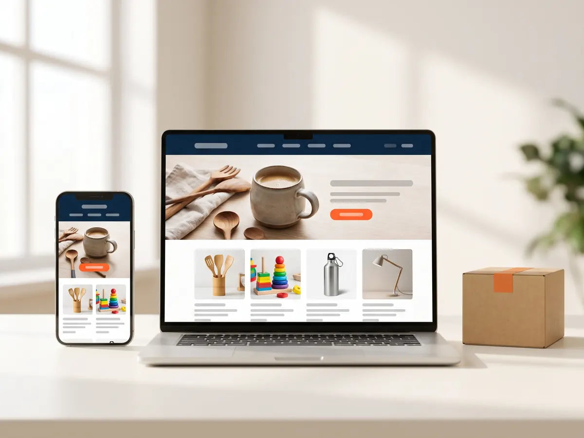 Illustrative mockup: a generic online store shown on a laptop and a phone, with a cardboard shipping box